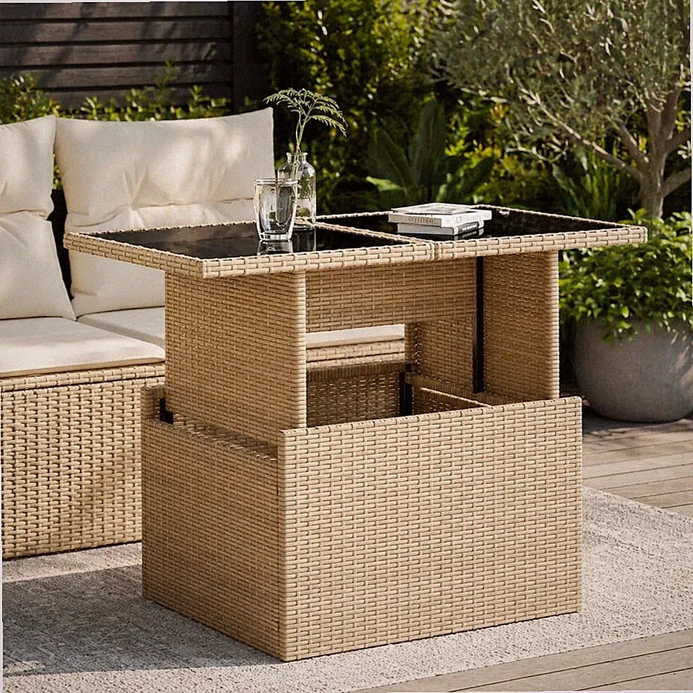 Gartentisch Polyrattan Glasplatte Balkontisch Terrassentisch Rattan Beige
