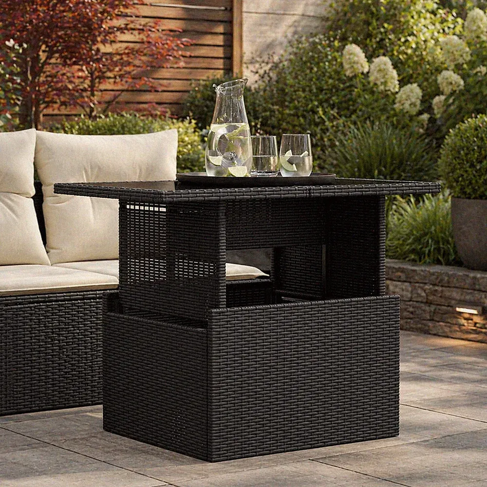 Gartentisch Schwarz Poly Rattan Tisch mit Glasplatte Balkon Outdoor 100x55 cm