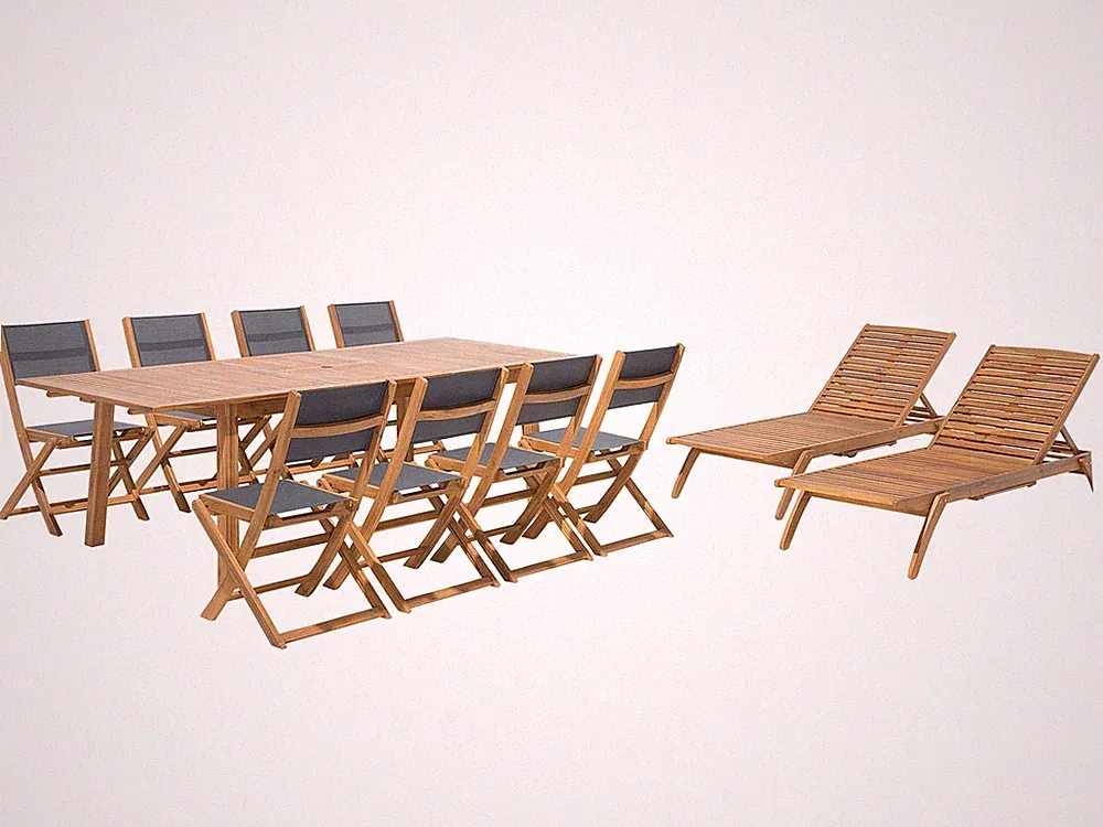 Gartentisch Set mit 2 Sonnenliegen rollbar Akazienholz hellbraun 11-teilig Cesan
