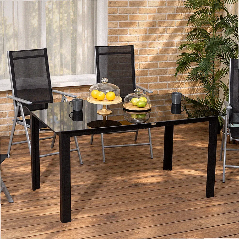 Gartentisch Terrassentisch Esstisch 6 Personen Glas Wetterfest Schwarz 150 cm