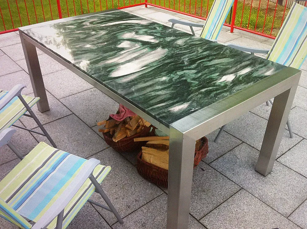 Gartentisch Wohnzimmertisch 200x100 Naturstein Grün wetterfest Edelstahltisch