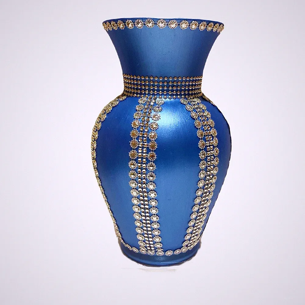 Glass Vase Hand Painted With Blue Metallic Paint With Silver Embellishments