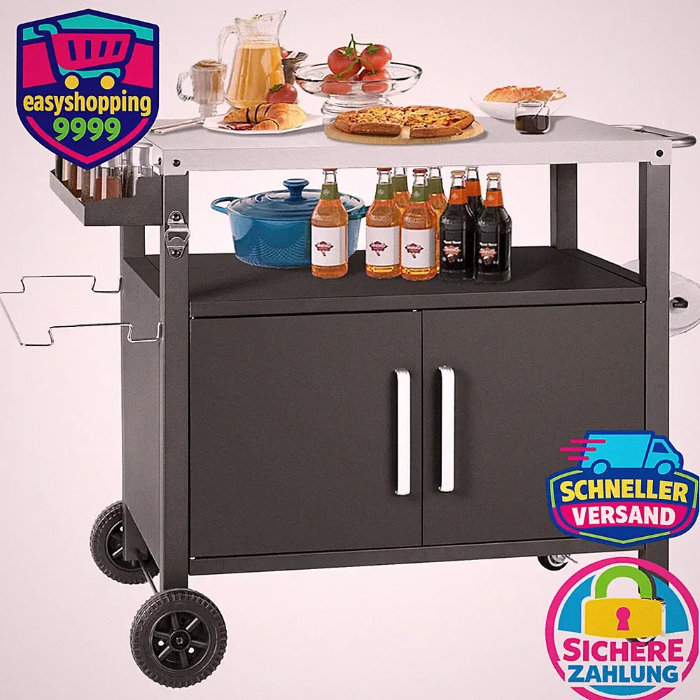 Grilltisch Edelstahl Große Arbeitsfläche Beistelltisch Outdoor Garten Trolley