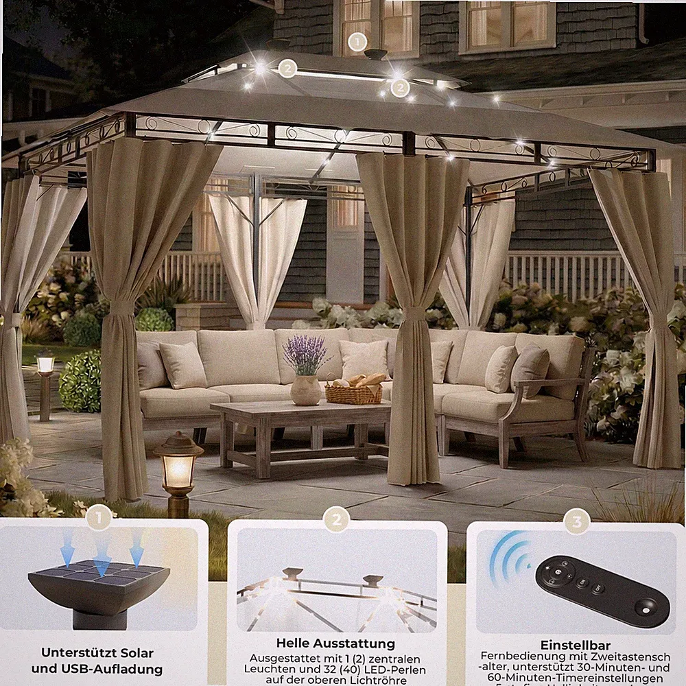 GUNJI® Luxus LED Pavillon 3x3/4/6 Garten Pavillion Partyzelt Gartenzelt Festzelt