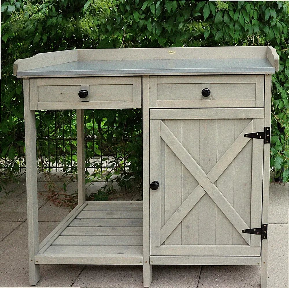 Holz Garten Outdoor Blumen Pflanzbank Tisch Aufbewahrung Schubladen Schrank in Grau