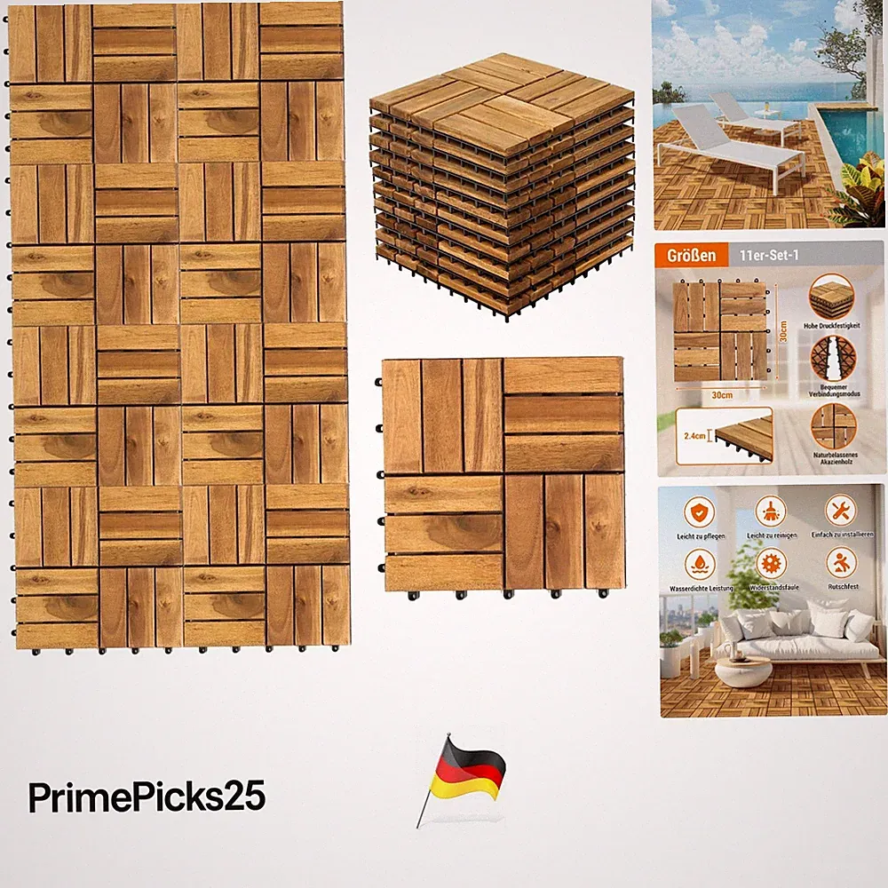 Holzfliesen 30x30cm Akazienholz 11er-Set Terrassenboden Außen Balkon Garten