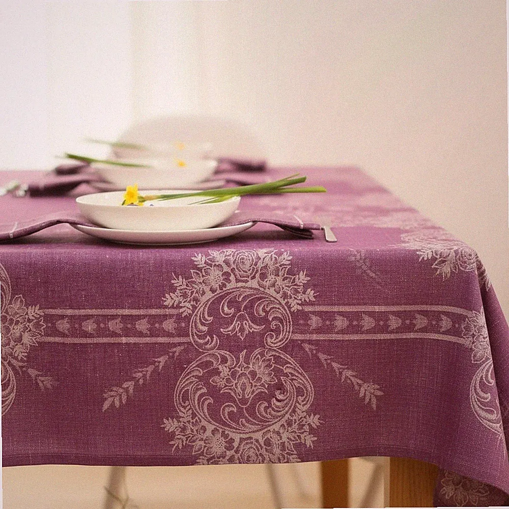 Jacquard Tischdecke Leinen violett Ornamente 170x250cm Hohlsaum Maschinenwäsche