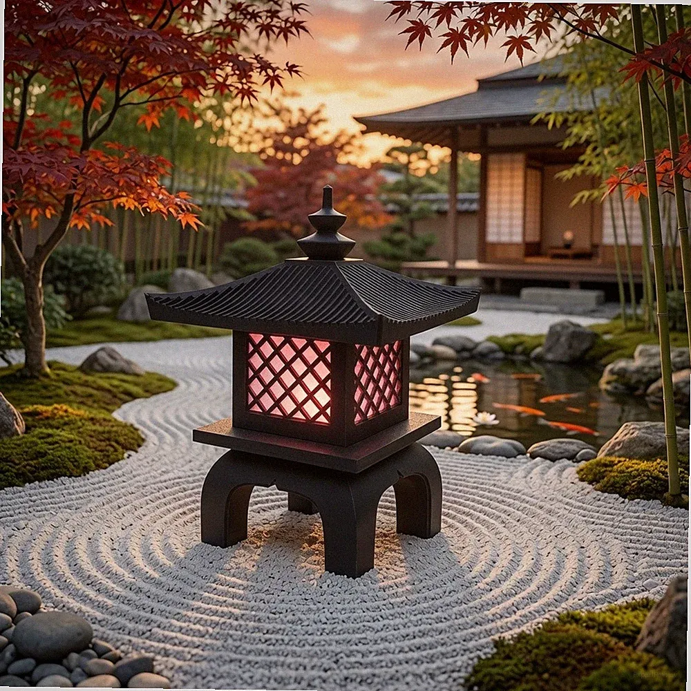 Japanische Pagoden LED Tischlampe, Zen Garten Leuchte Asiatische Deko für Zimmer