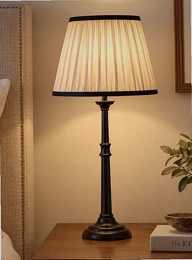 Kerzenständer Holz Tischlampe & Plissee Leinen Lampenschirm mittel Holz 56 cm