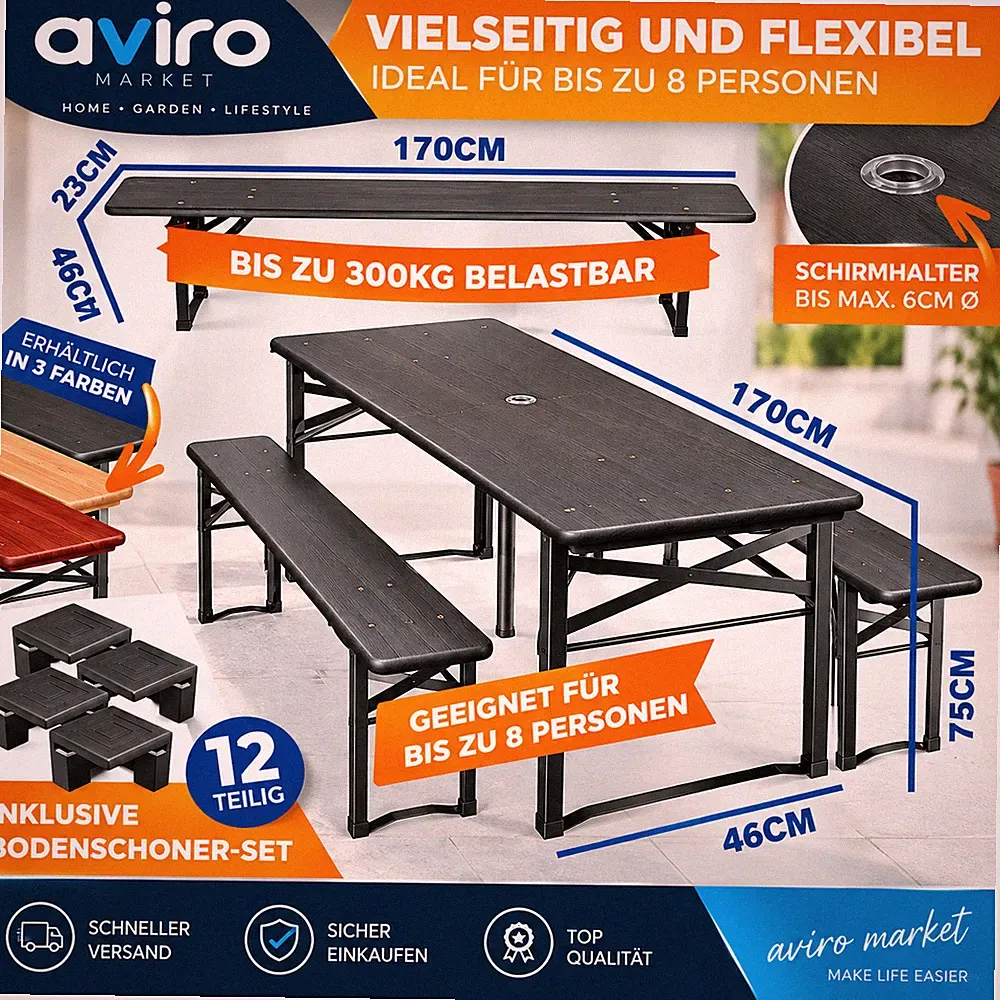 KESSER Bierzeltgarnitur 3-tlg Klappbar Tisch 2 Bänke Camping Garten Schwarz