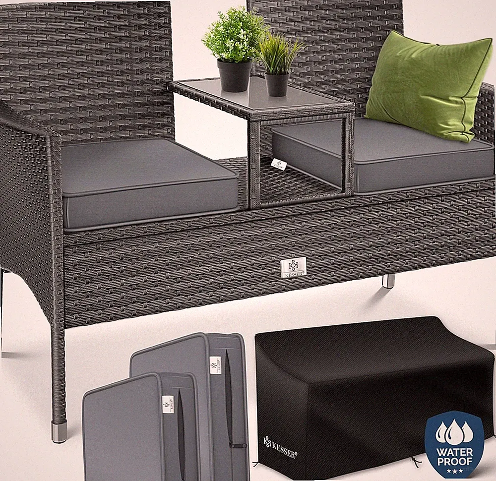 KESSER® Polyrattan Gartenbank Mit Tisch, 2 Sitzer, 143X63X88Cm Gartenbank Wetter