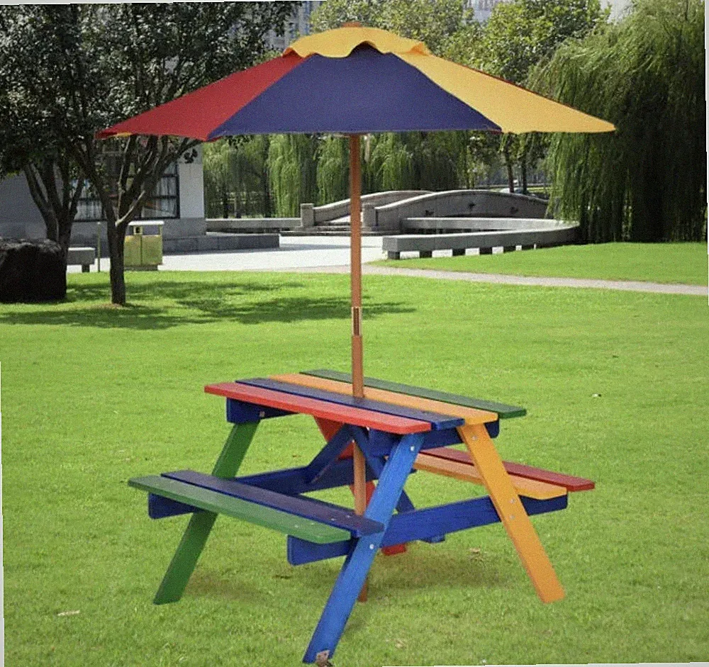 Kinder Regenbogen Gartenmöbel Picknicktisch Holzbank Sonnenschirm Set Kinder