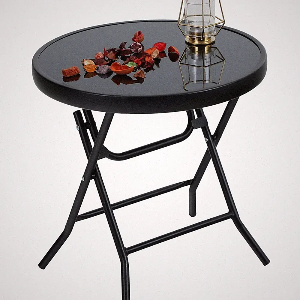 Klappbar Runder Beistelltisch Glas aus Metall Gartentisch Kaffeetisch Klein B...