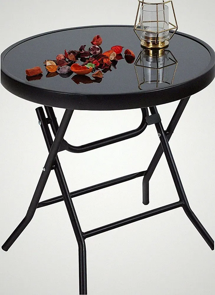 Klappbarer Runder Gartentisch aus Glas und Metall Schwarz 46x46x48cm