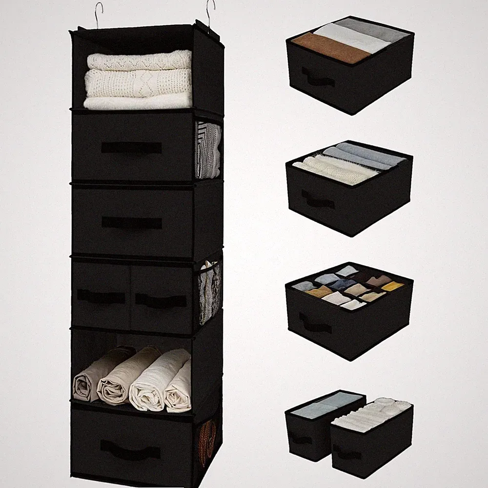 Kleiderschrank Organizer Hängend 6 Regale Stoff Schubladen Schwarz