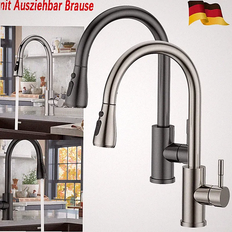 Küchenarmatur 360° Wasserhahn Küche ausziehbar Brause Edelstahl Einhandmischer
