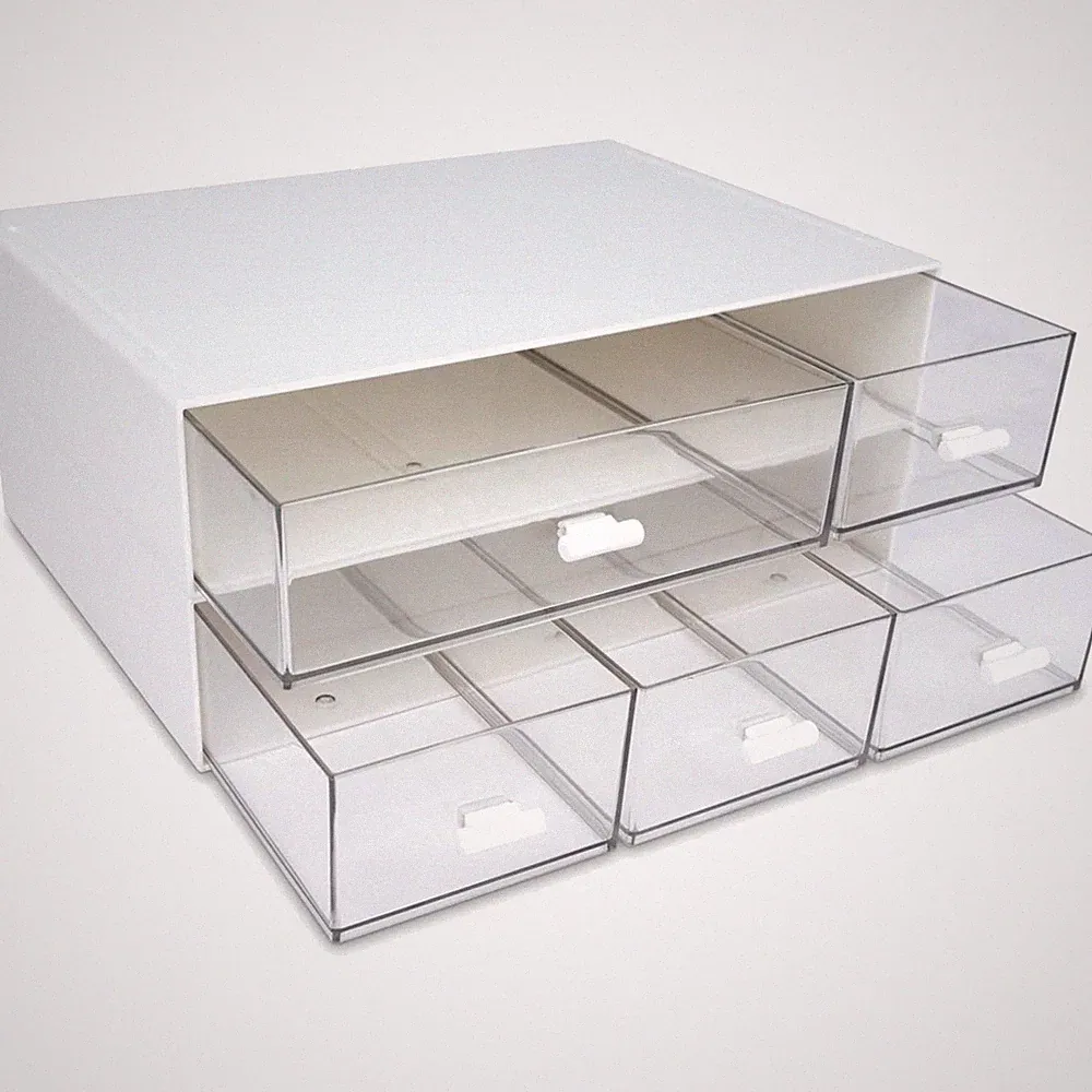 Kunststoff Schreibtisch-Organizer, 5 Schubladen, stapelbar, Weiß
