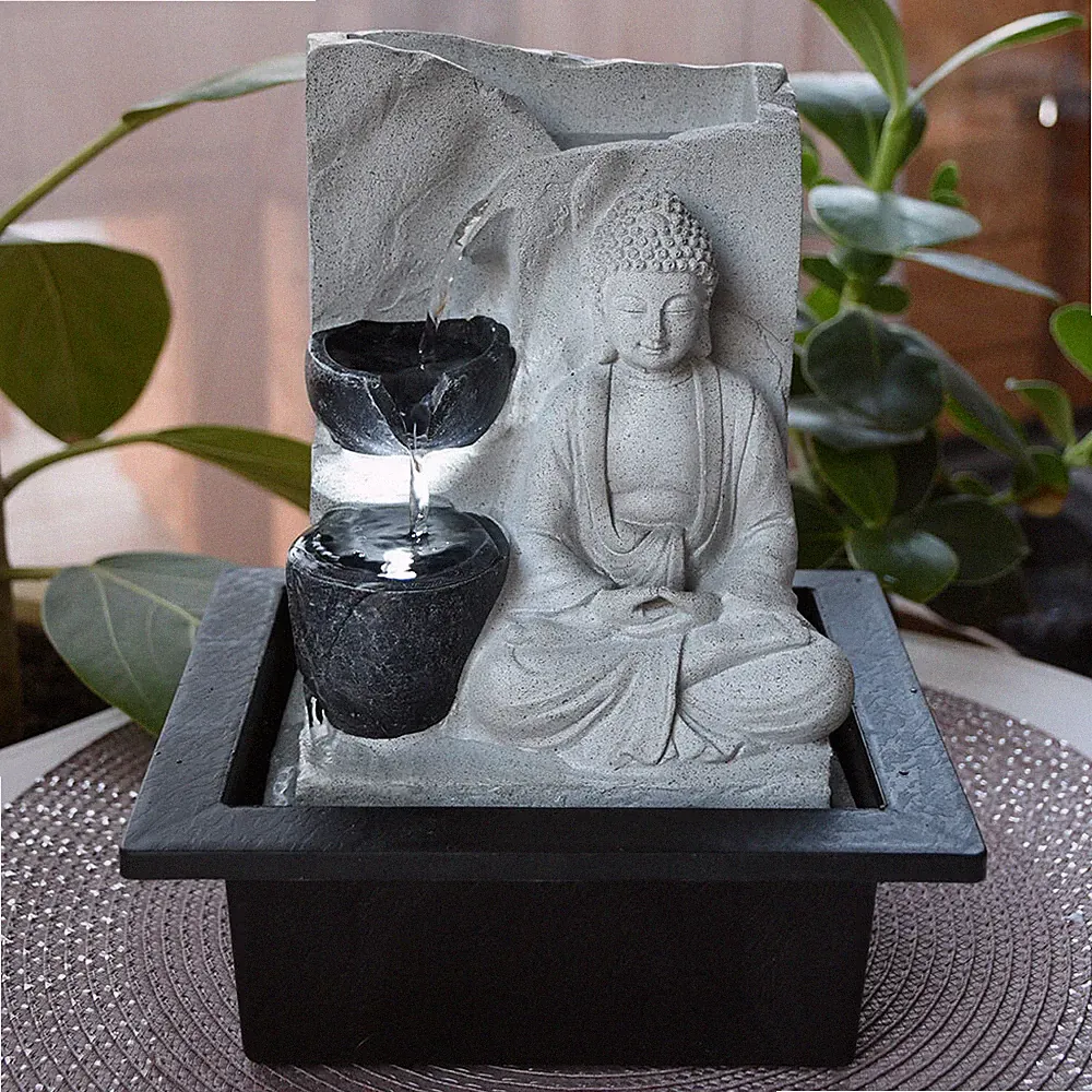 LED Tisch Spring Brunnen Buddha Wasser Spiel Feng Shui Wohn Raum Dekoration grau