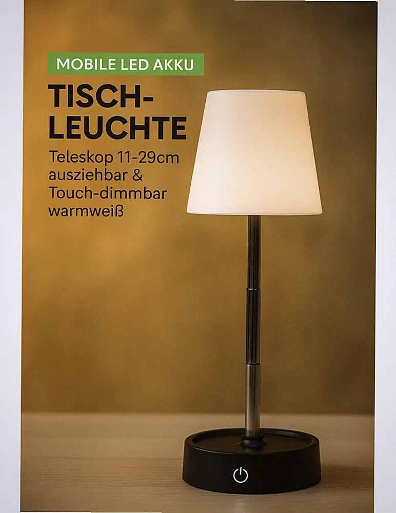 LED Tischlampe dimmbar Akku Teleskop USB-C warmweiß 120lm Touch 💡 🔋 💡 🔋