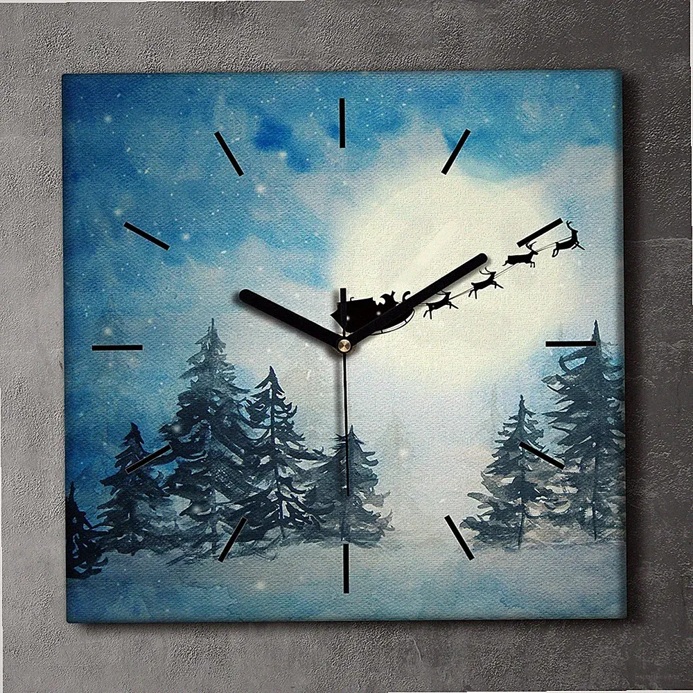 Leinwand Uhr Küche Wohnzimmer Bild 30x30 Weihnachtsmann mit Schlitten Rentier