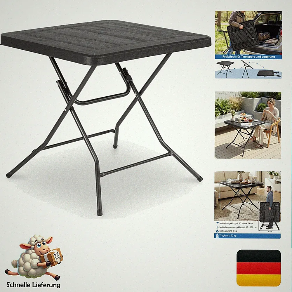 Liferun Gartentisch Klapptisch wetterfest 80x80x74cm Holzoptik Stahlrahmen Ba...