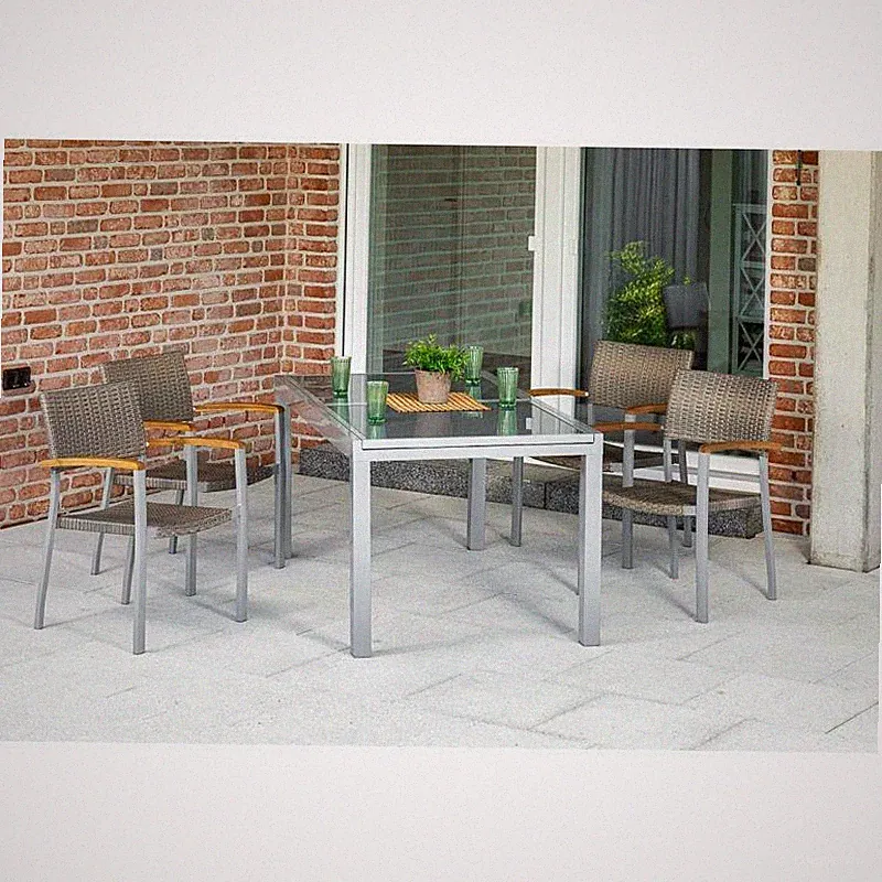 Merxx Gartenmöbel Silano Set 5tlg. 4 Stapelsessel + 1 Ausziehtisch Aluminium