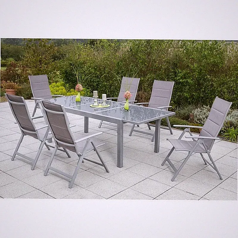Merxx Gartenmöbel Taviano Set 7tlg. 6 Klappsessel + 1 Ausziehtisch silber