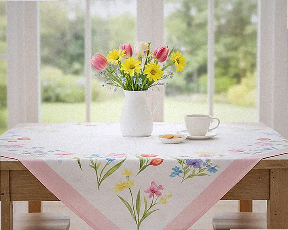 Mitteldecke Blumenwiese 80x80 cm Frühling Sommer Garten Tischdecke Rosa Rand