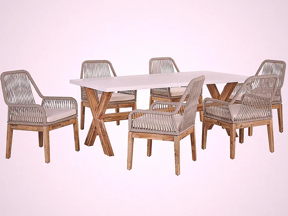 Moderner Gartentisch mit 6 Geflecht-Stühlen Faserzement weiß / beige Olbia