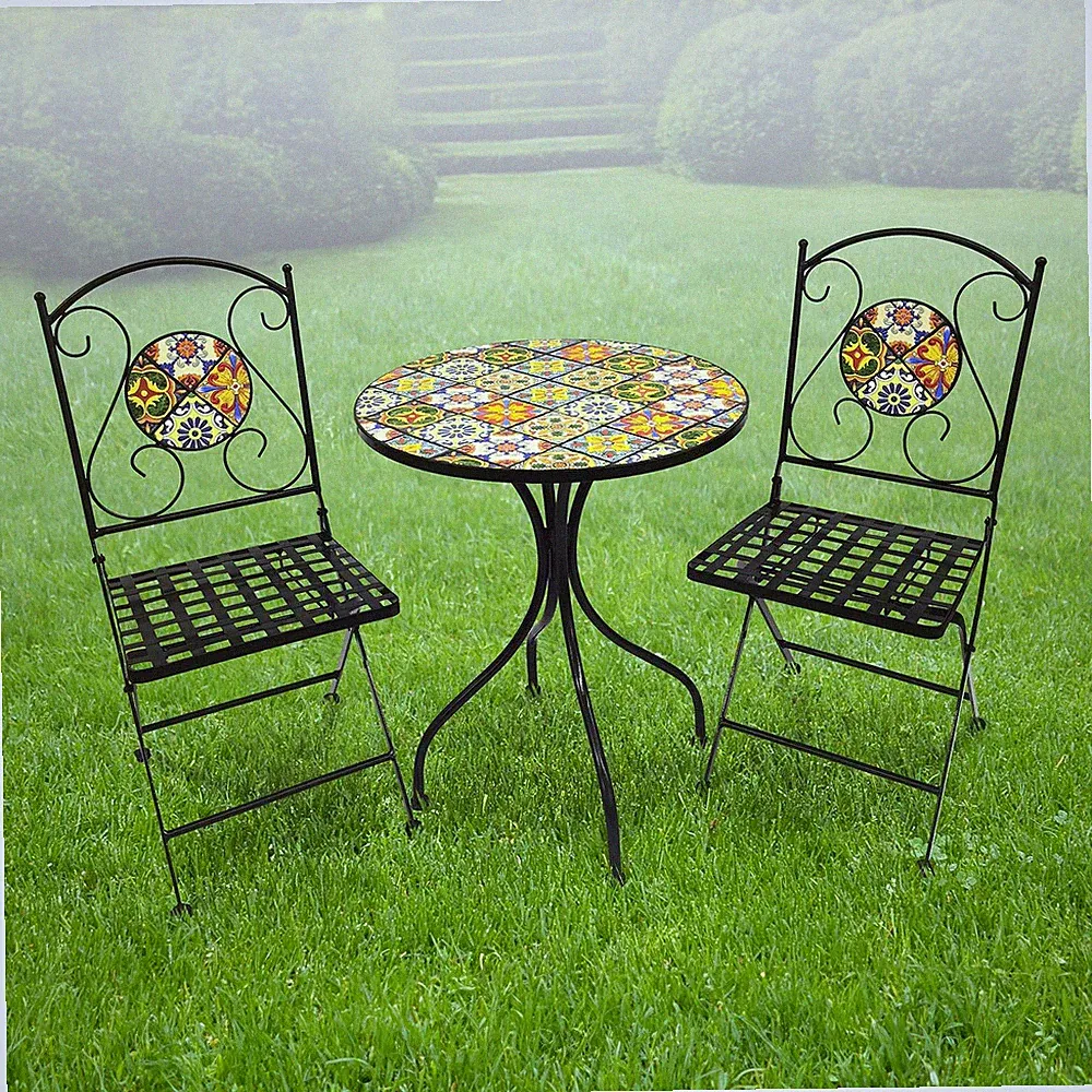 Mosaik Gartenset Gartenstühle Mosaiktisch wählbar Rustikal Rund klappbar