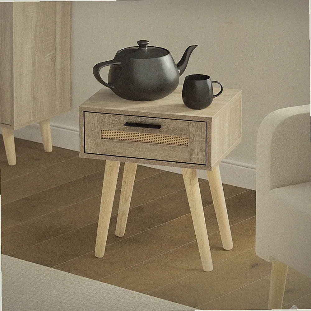 Nachttisch mit Schublade Beistelltisch Rattan Nachtkommode Eiche 40x30x50,5 cm