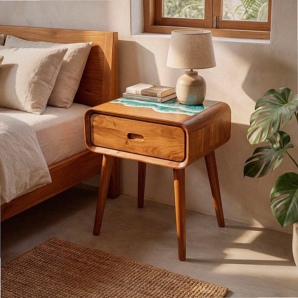 Nachttisch Teakholz Epoxidharz Schublade B50cm Retro Boho Unikat Java Massiv