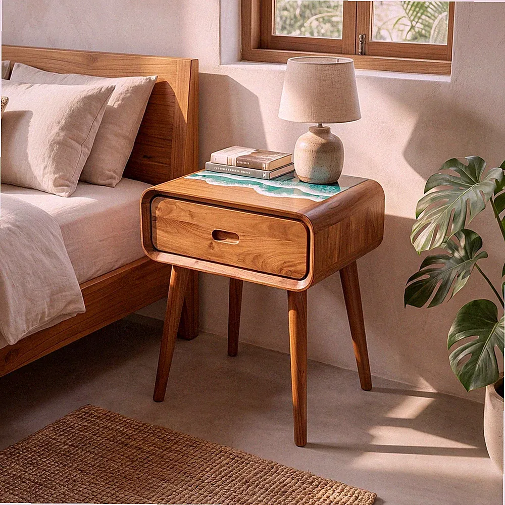 Nachttisch Teakholz Epoxidharz Schublade B50cm Retro Boho Unikat Java Massiv