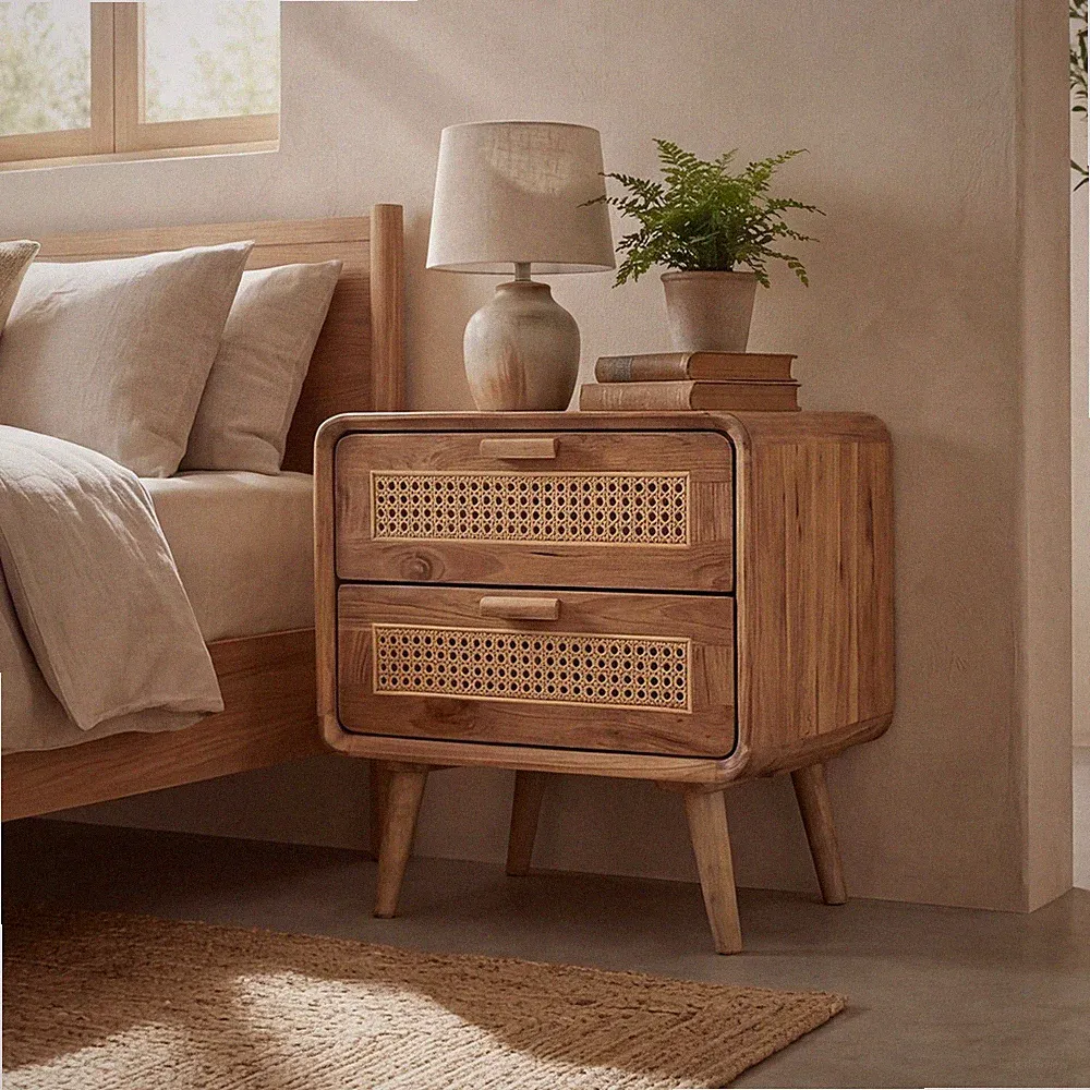Nachttisch Teakholz Rattan 2 Schubladen B60cm Retro Boho Unikat Indonesien