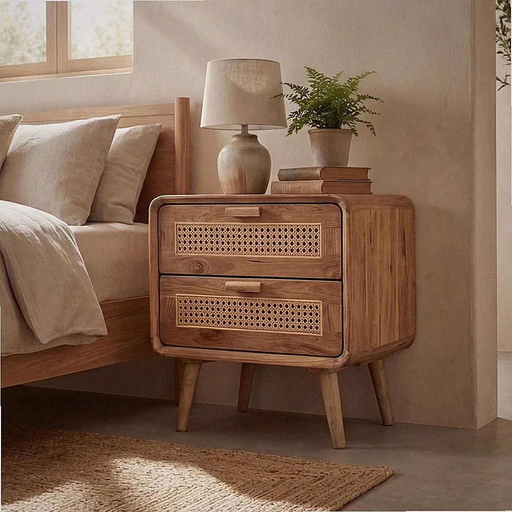 Nachttisch Teakholz Rattan 2 Schubladen B60cm Retro Boho Unikat Indonesien