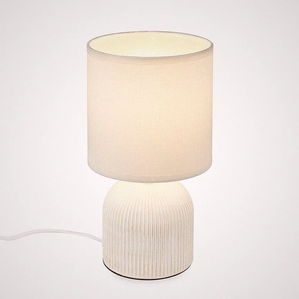 Nachttischlampe E14 Stoffschirm Tischlampe Kabelschalter Keramik Weiß 28cm