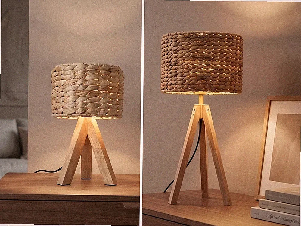 Nachttischlampen skandinavisch mit Dreibein Holzfuß & Lampenschirm Korbgeflecht