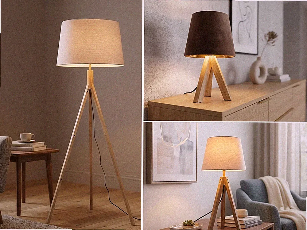 Nachttischlampen skandinavisch & Stehlampen Wohnzimmer Ecke mit Dreibein Holzfuß