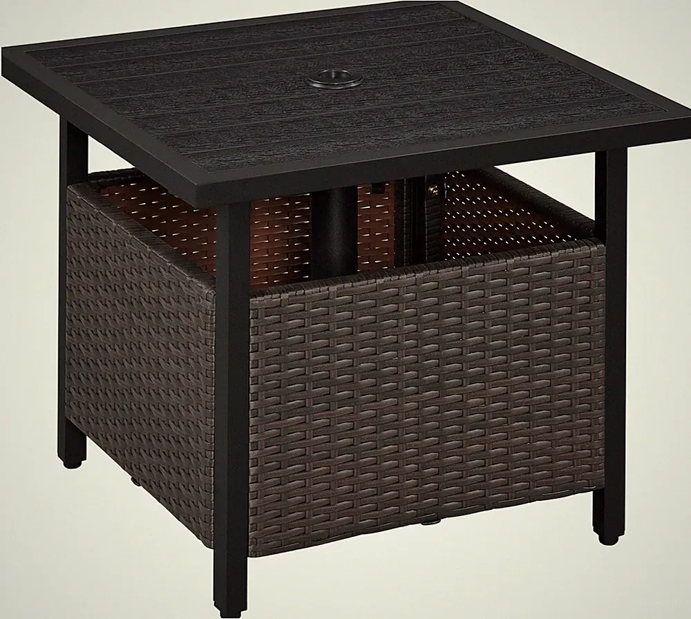 Outdoor-Beistelltisch aus PE-Rattan, Kunststoff-Holzplatte mit Schirmloch