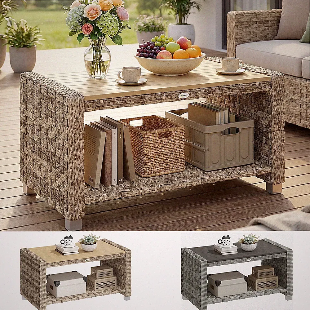 Outdoor Beistelltisch mit Ablage Ablage Rattan Couchtisch 90 cm