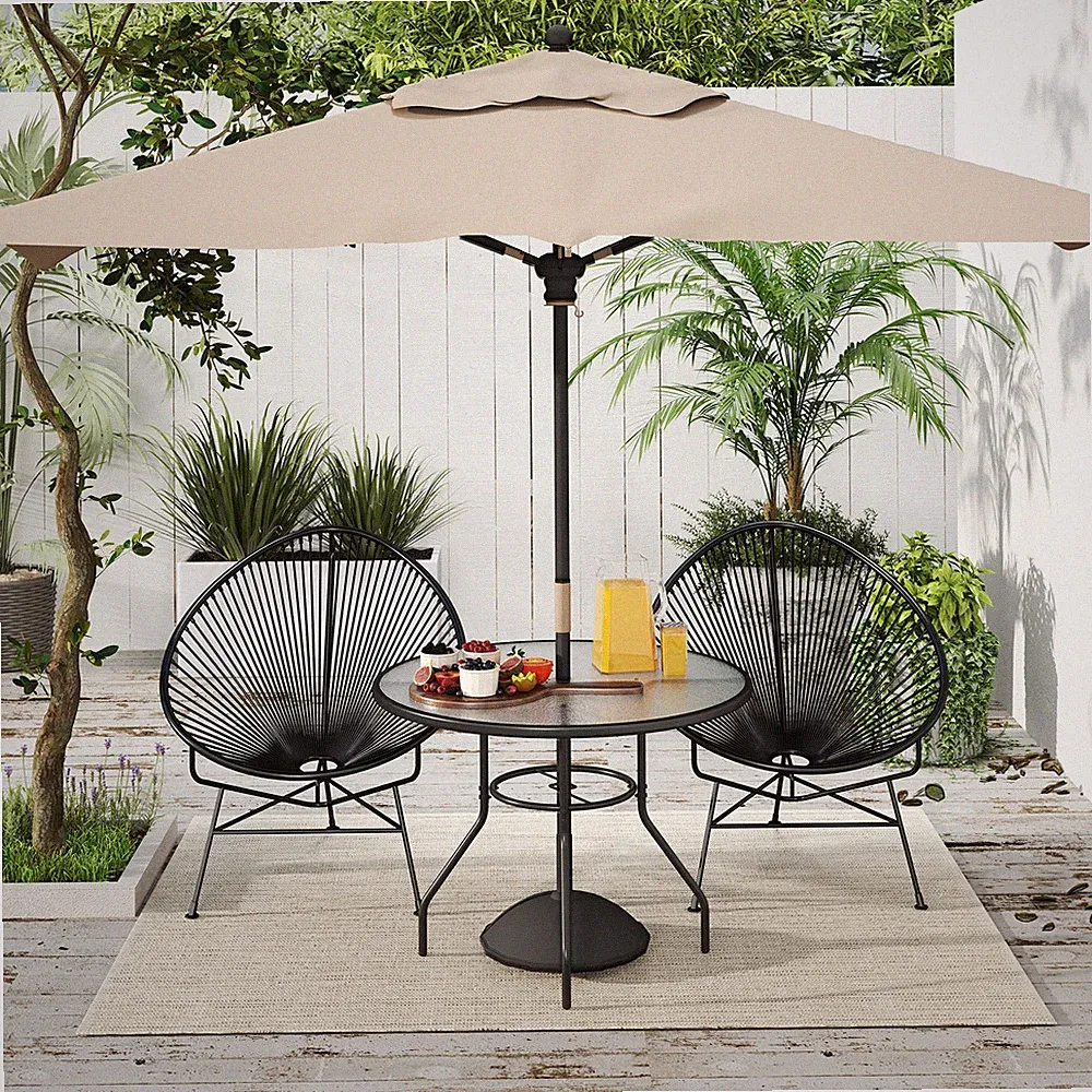 Outdoor runder Esstisch Hartglasplatte Stahl mit Sonnenschirmloch 100 cm
