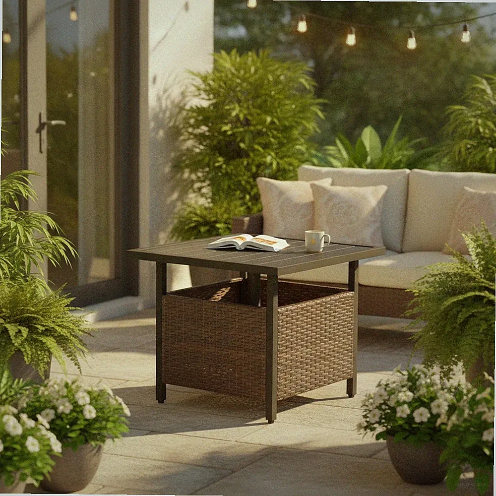 Outdoor Terrasse Rattan Beistell Bistrotisch mit Schirmständer Schwarz 55,5 cm