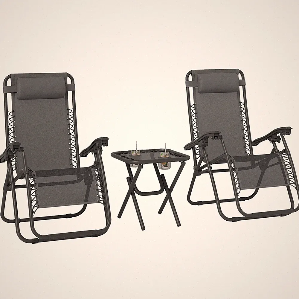 Outsunny 3-tlg. Schwerelosigkeit Stühle Sonnenliege Tisch Set mit Getränkehaltern Dunkelgrau