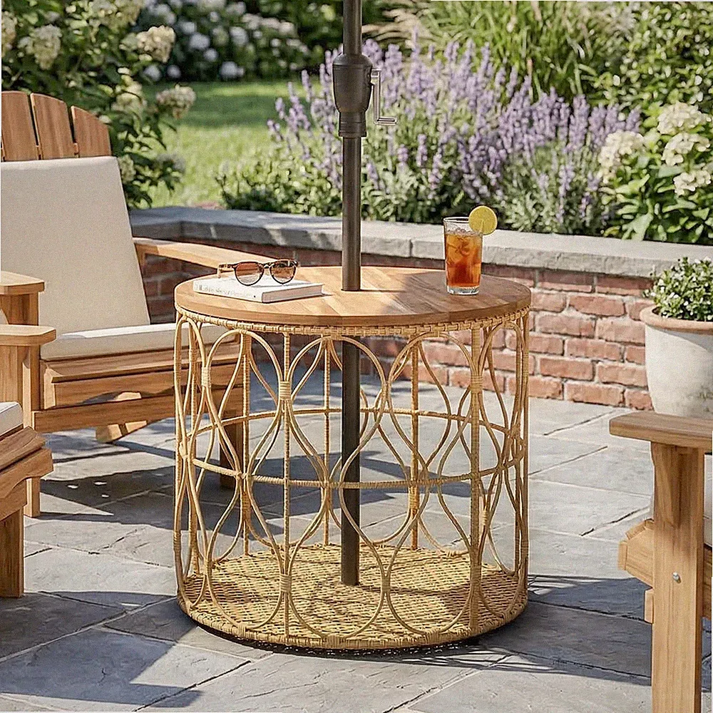 Outsunny Beistelltisch Ø50 cm wetterfest Gartentisch mit Rattanoptik Teak