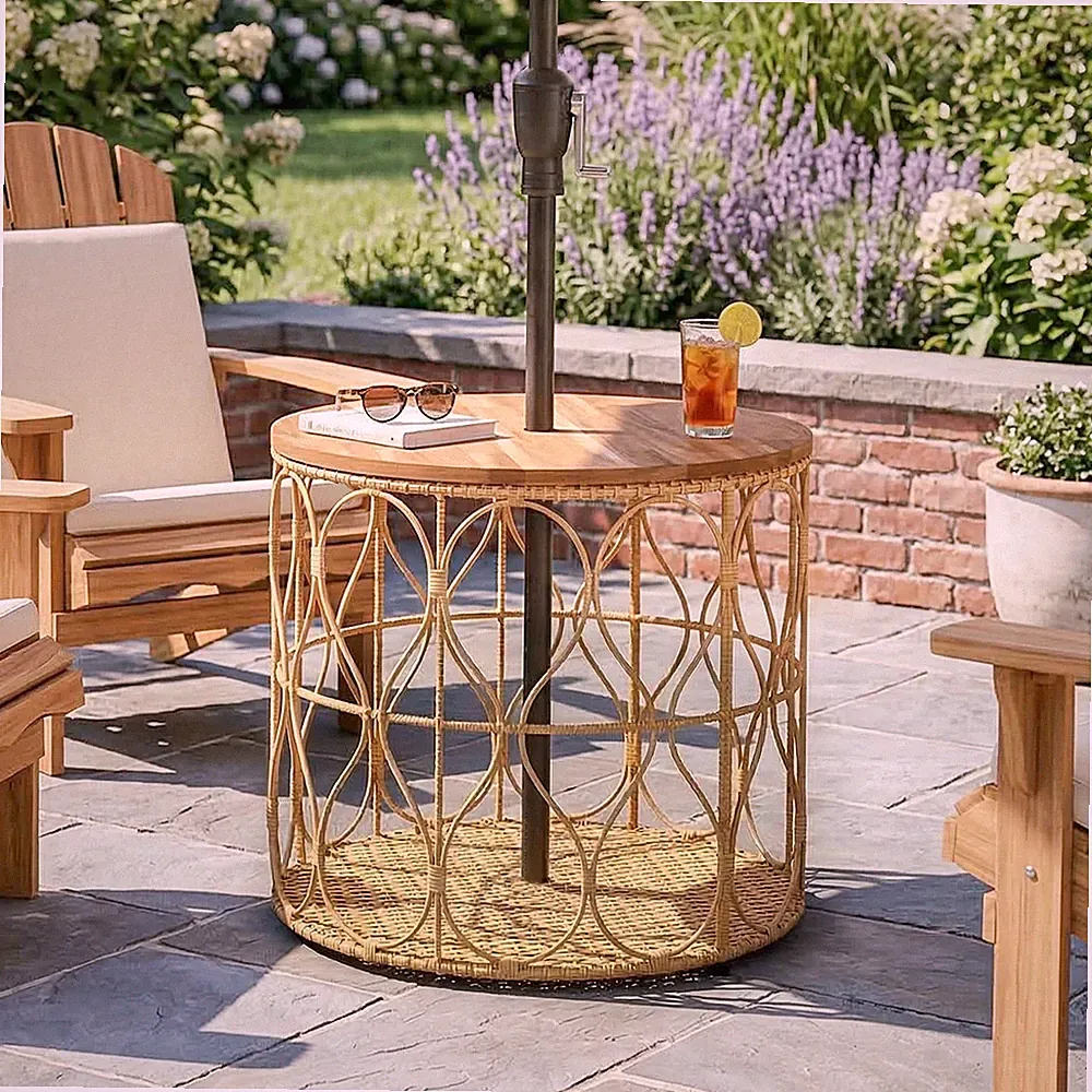 Outsunny Beistelltisch Ø50 cm wetterfest Gartentisch mit Rattanoptik Teak