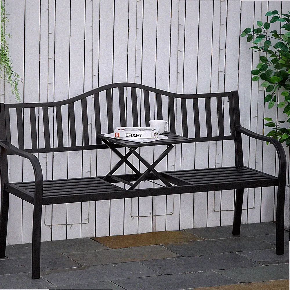Outsunny Gartenbank mit ausziehbarem Tisch für 2 Personen Parkbank aus Metall