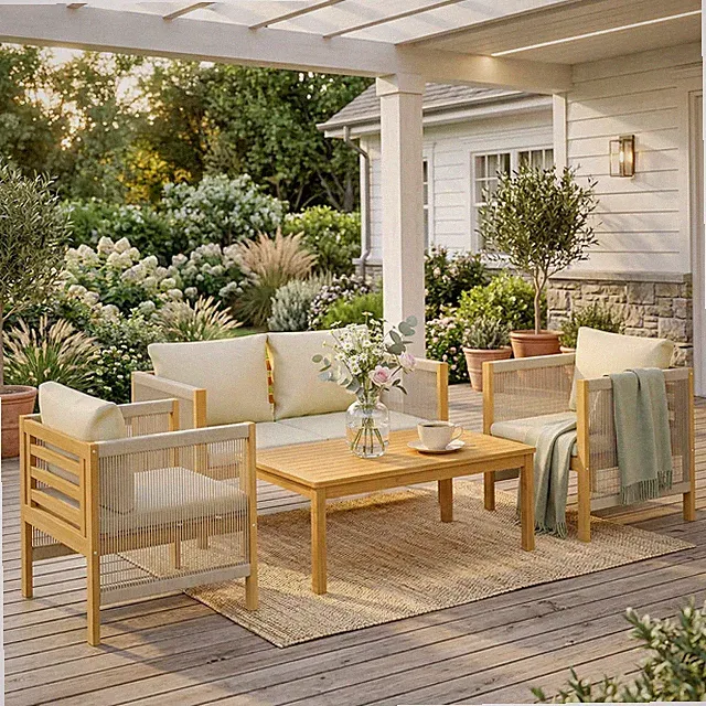 Outsunny Gartenmöbel Set Holz Sitzgruppe für 4 Personen Gartenlounge Beige