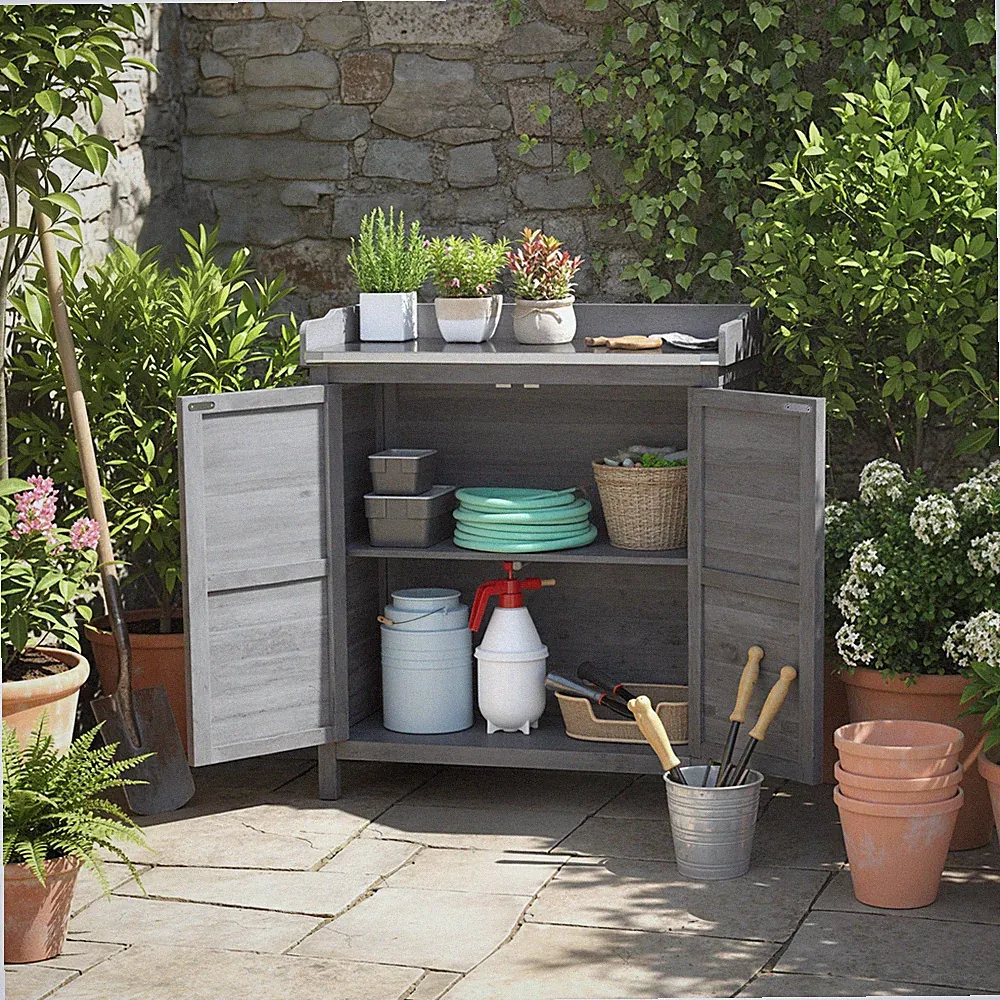 Outsunny Gartenschrank mit Pflanztisch, Holz Geräteschuppen mit Arbeitsplatte