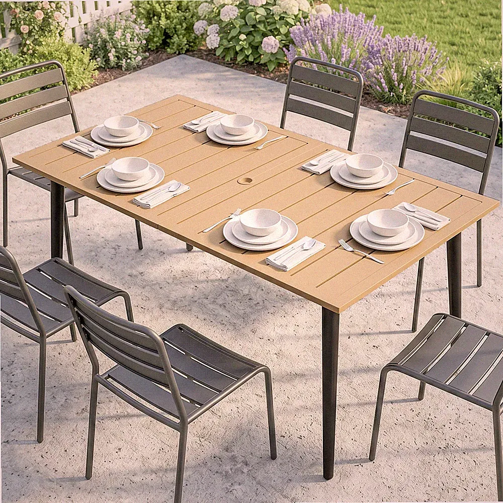 Outsunny Gartentisch 150x90cm, Balkontisch aus Stahl, Balkontisch mit Schirmloch