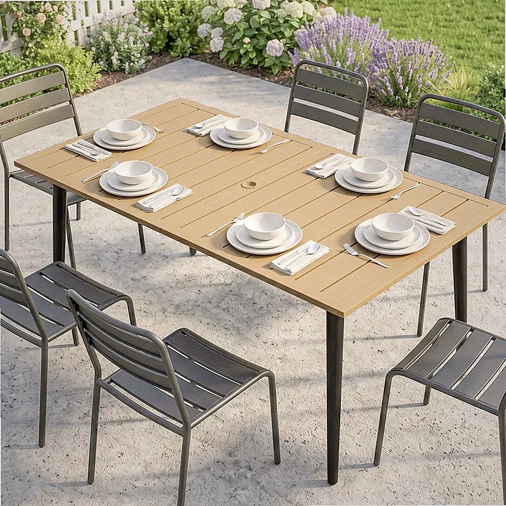 Outsunny Gartentisch 150x90cm, Balkontisch aus Stahl, Balkontisch mit Schirmloch